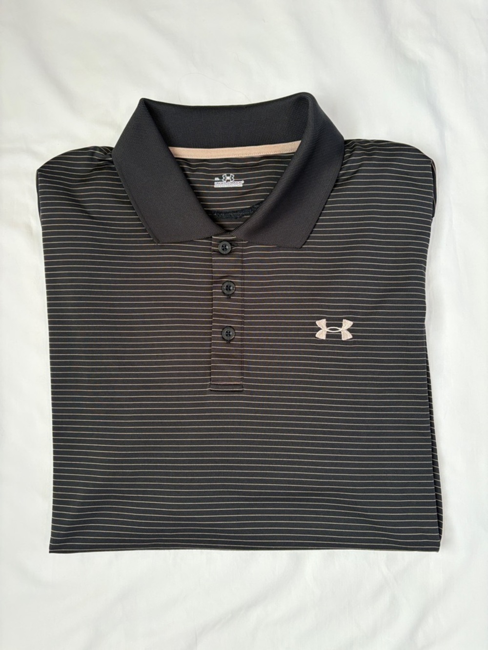 Under Armour Golf Polo XL Black Tan Striped Performance Tech Loose Fit